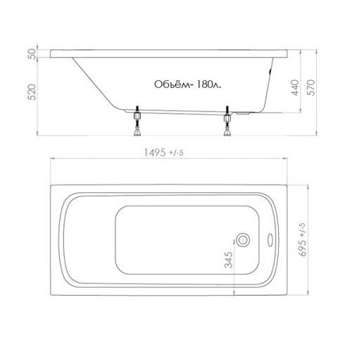 Прямоугольная акриловая ванна Тритон Стандарт 150*70