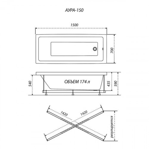 Прямоугольная акриловая ванна Тритон Аура 150x70 Щ0000042100