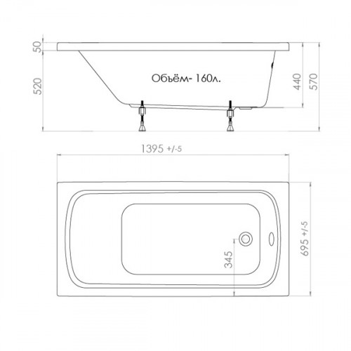 Прямоугольная акриловая ванна Тритон Стандарт 140*70