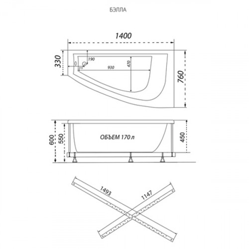 Асимметричная акриловая ванна Тритон Бэлла 1400х750 правая