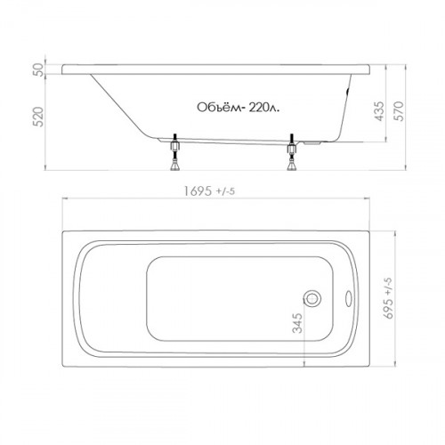 Прямоугольная акриловая ванна Тритон Стандарт 170*70