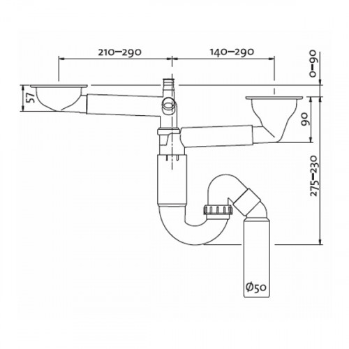 Prevex. Универсальный комплект Р-loc PL2-D9CR5-SANT-01 для двойной кухонной мойки D114, слив труба вертикальная d 50, слив стиральной и посудомоечных машин.